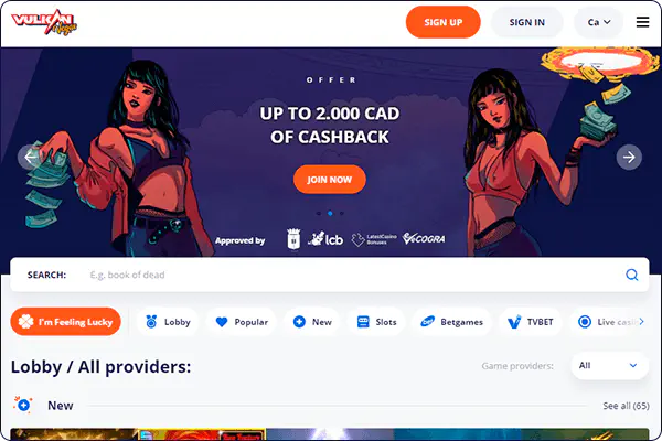 Vulkan Vegas Captură de ecran din Canada a sălii de jocuri a cazinoului