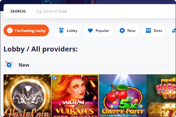 Captură de ecran a lobby-ului principal al cazinoului nostru online cu o listă de categorii disponibile pentru jocuri de noroc