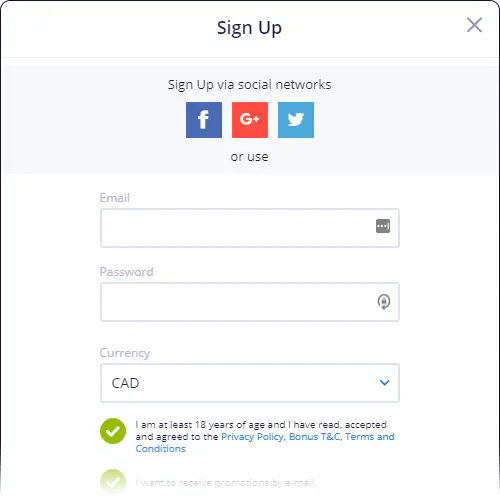 Sign Up form at Vulkan Vegas Casino (câmpuri de date de completat)